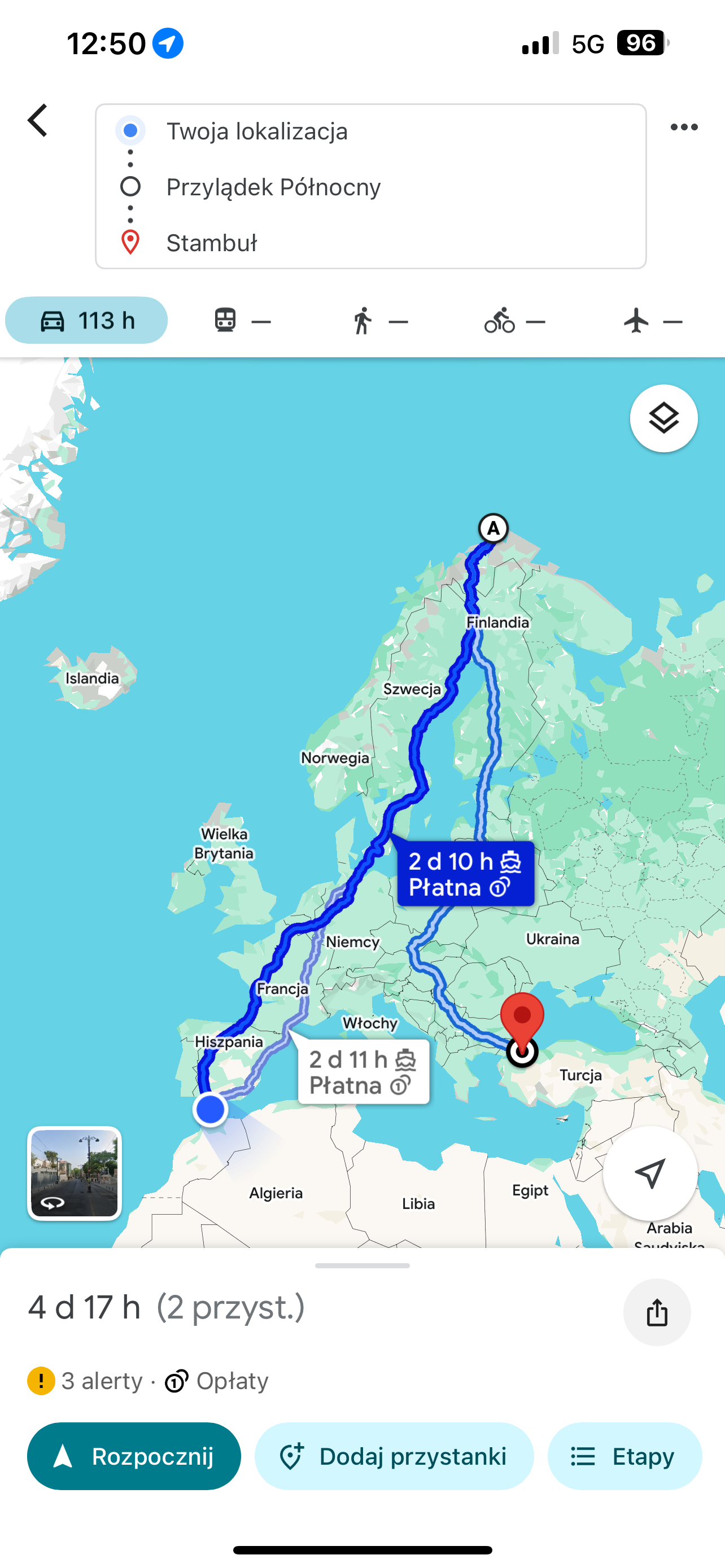 Screenshot google maps z zaznaczoną trasą do Stambułu przez Przylądek północny.